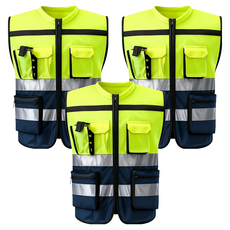 雙色工作安全背心, 3個, 螢光 + 海軍藍