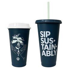 STARBUCKS 星巴克 文字圖案環保冷飲杯 附吸管710ml+熱飲杯473ml, 深藍色, 1組, 710ml+ 473ml