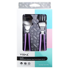 VIIDA Soufflé 抗菌304不鏽鋼叉匙組 適用於2歲以上兒童, 紫色, L 湯匙1支 + 叉子1支, 1組