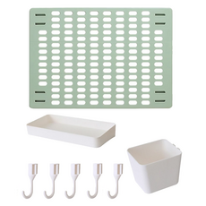免打孔家用洞洞板置物架8件套(42x30cm)-洞洞板-綠 配件-白, 1入, 綠色 + 白色