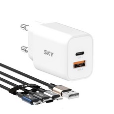 SKY Feel Q2R GaN 45W PPS PD 雙埠 A C型 超高速充電轉接頭 + 27W A to C 3合1 1.2m 充電線, 白色, 1套