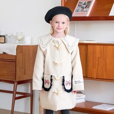 MARI N MORI 女童大翻領蝴蝶結口袋毛呢大衣