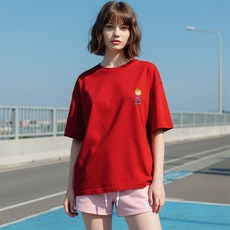 Moon Collection 男女通用 Peanuts 迷你 Logo 史努比 五分袖 寬鬆版 短袖 T恤, 紅色