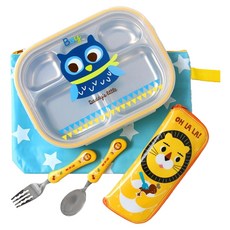 不鏽鋼貓頭鷹餐盤餐具組, 餐盤 + 餐蓋 + 湯匙 + 叉子 + 餐具袋, 貓頭鷹, 1組