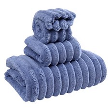 雲朵條珊瑚絨沐浴3件組 靛青藍 含毛巾35cmx75cm/乾髮巾25cmx63cm/浴巾70cmx140cm, 1組