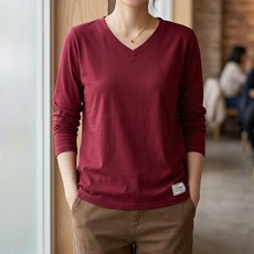 마켓에이 여성용 심플 브이넥 긴팔 미시 티셔츠