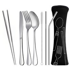 AHOYE 外出用不鏽鋼餐具套裝8件組, 筷子 + 叉子 + 湯匙 + 直吸管 + 彎吸管 + 刀子 + 小刷子 + 收納袋, 1組, 銀色