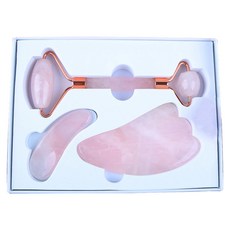 玫瑰石英刮痧臉部按摩滾輪+刮痧板組, 混色, 1組