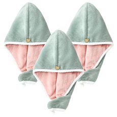 雙層速吸乾髮帽, 綠色, 3入, 珊瑚絨, 1組