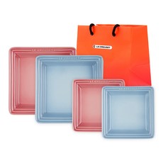 LE CREUSET 東方正方形盤子+購物袋S組 5入, 1組, 方盤 S 2p + 方盤 M 2p + 購物袋 S, 玫瑰石英，海岸藍(板）