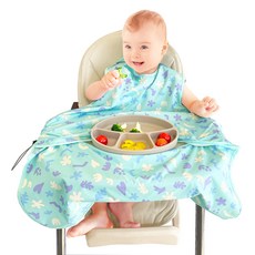 一體式印花餐墊連身圍兜, 水藍色, 1入