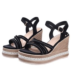 Elsso 女性交叉繫帶楔型跟涼鞋, 黑色, 230