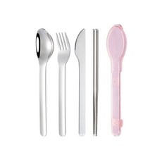 中陽文創 304不鏽鋼攜帶餐具4件組 小巧收納盒 易攜帶 靜音設計拒絕晃動 鏡面拋光 一體成型 手感舒適, 粉, 1組