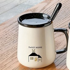 摩登黑白馬克杯 + 蓋子 + 湯匙組 7.5 x 10 cm YJ695, C, 1套