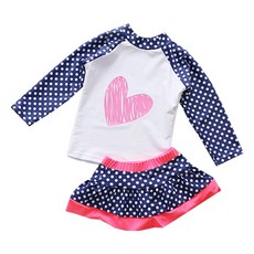 女童長袖防曬泳衣套裝 愛心點點 長袖上衣+泳褲裙, M