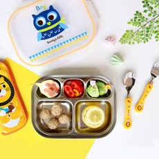 Clean Plate 飯盒 勺 叉 盒 全包 套裝, 貓頭鷹款, 6種兒童餐具, 1組