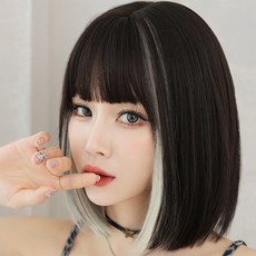 HiYuni 挑染鮑伯髮瀏海短髮全頂假髮 假髮 35cm + 髮網 + 支架 隨機出貨組合, 黑色 + 象牙白, 1個