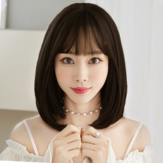 HiYuni C型捲燙短髮整頂假髮 43cm + 髮網 + 支架套組, 炭黑色, 1個