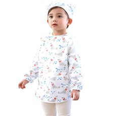 bebe chouette 孩童海獅印花網眼無袖美術圍裙+頭巾+袖套, 象牙