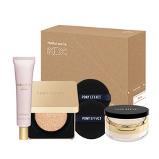 PONY EFFECT 水透亮光圈妝前乳+絕對持久無瑕氣墊粉餅+絕對控油烘焙蜜粉+氣墊粉撲 2入, 1組