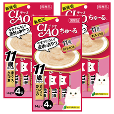 INABA CIAO 啾嚕 11歲以上高齡貓 肉泥 綠茶消臭成分配方, 鮪魚 + 鰹魚, 56g, 3袋