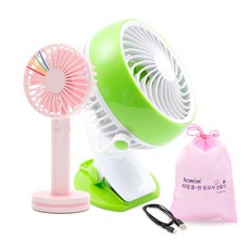 예꼬맘 쿨한 유모차 탁상용 선풍기 + 핸디 선풍기 핑크 + USB 케이블 + 전용 파우치, 그린, 1세트