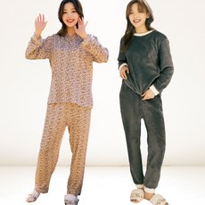 테라우드 여성용 피치 기모 플라워 + 융털 수면 상하의 세트