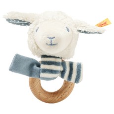 Steiff 金耳釦泰迪熊 嬰幼兒手搖鈴 柔軟舒適 刺激聽覺發展, Leno lamb grip toy 棉羊, Leno lamb grip toy white/teal 棉羊, 1個