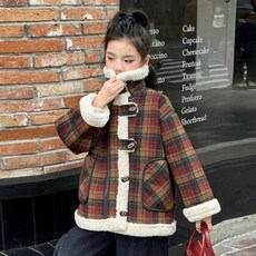 Orenjidamom 女童格紋扣環領人造皮革騎士外套