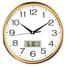 極簡約LCD顯示靜音掛鐘 30cm PS環保材質 日期/星期/農曆/溫度, 金色