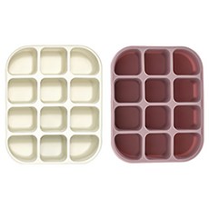 MODU'I BLUEMAMA 矽膠12格副食品分裝盒組 Set 2入, 多種容量選擇 雙層防漏圈, 396ml, 白色 + 粉色, 1組