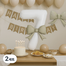 PARTYSHOW 可愛蝴蝶結鋁箔中型氣球 2入 + 數字氣球 7, 2套, 米色(中型米色), 白色(數字氣球)