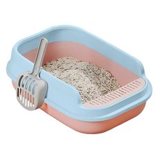 半封閉貓砂盆, 86mm加高圍欄, 寬大濾砂踏板, 盆底光滑設計, 易於清洗, 馬卡龍粉藍, 51 x 36 x 17cm, 1組