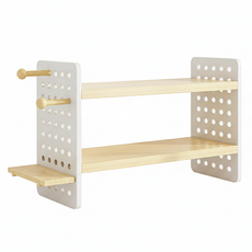 桌面洞洞板置物架 木質置物架/玄關收納/文具收納/公仔展示架/桌上收納, 2層, 木色 + 白色