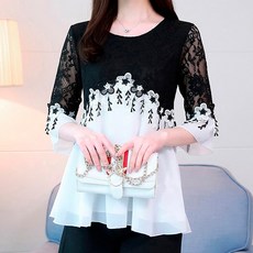 LUNAGIRL 蕾絲花紋拼接雪紡衫