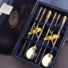 玄進 雙鶴真空鈦金湯匙筷子 2人份套組, 湯匙 + 筷子 + 筷架, 1套, 金色