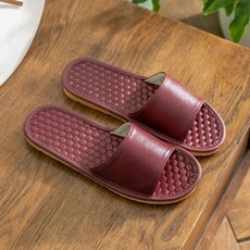 真皮頭層牛皮蜂巢紋防滑室內拖 LS17, 酒紅色, 1雙