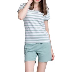 NEW FORCE Bra條紋短袖套裝 親膚舒適 自帶胸墊 彈力網布支撐 冰涼絲柔 L 黏膠纖維 氨綸, 藍, 1套