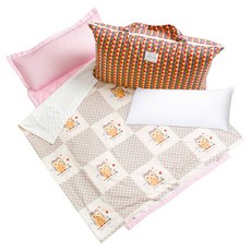 Coney Island 幼稚園用一體型超細纖維午睡枕墊被+專用防水收納袋 隨機出貨, 粉色格紋(墊子)+貓頭鷹&鬱金香款(被子)