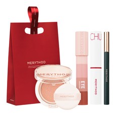 MERYTHOD 彩妝品4件組, 絲滑持久眉筆(01深棕色)+絲絨眼線4色蠟筆眼彩(01粉霧)+完美潤色防曬氣墊粉餅+光澤輕吻潤色唇膏(01紅色華爾滋)+禮品袋, 1組