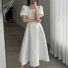 PEONIST 方領泡泡袖短袖連身裙, 白色