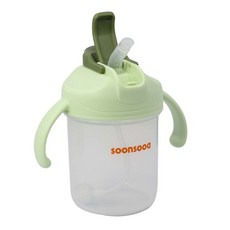 soonsooa 孩童二合一雙手柄防漏吸管杯, 綠色, 300ml, 1個