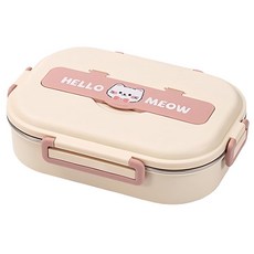 304不鏽鋼分格便當盒+湯碗+餐具組 1500ml大容量, 便當盒 + 湯碗 + 餐具, 粉貓, 1組