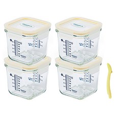 Glasslock 格拉氏洛克 副食品刻度調理盒 四面扣蓋款 4個 + 矽膠感溫湯匙, 黃色, 1組