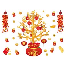 摩達客 春節開運招財金紅發財樹福聚寶盆靜電窗貼，無痕玻璃貼，新年居家裝飾，金錢樹圖案，增添節慶氣氛, 1入
