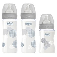 chicco 防脹氣玻璃奶瓶組 0個月以上 大*2+小*1, 1組, 透明 + 藍色