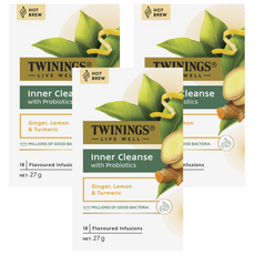 TWININGS 唐寧茶 Inner Cleanse 茶包 含益生菌 薑 檸檬和薑黃 27克, 1.5g, 18包, 3盒