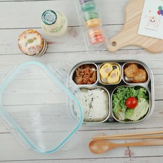 S.U COMPANY 不鏽鋼5格式餐盤+蓋子, 薄荷綠, 餐盤+保鮮蓋