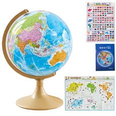 SEOJEONGLOBE 藍海鐵製框架行政地圖地球儀 320-L + 世界地圖 + 國旗貼紙 + 世界國家資訊手冊, 混合顏色