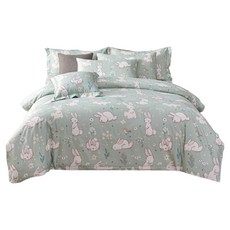 LoveCity 寢城之戀 台灣製 吸濕排汗萊賽爾天絲 兩用被床包組(福兔綠/雙人5尺), 1件, 床包 X1 + 薄枕套 X2 + 兩用被套 X1